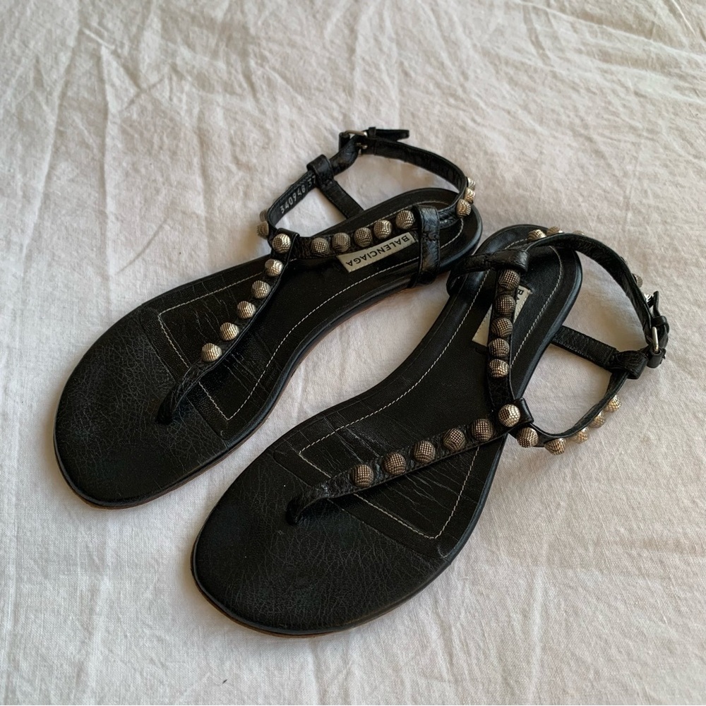 Vintage Balenciaga Arena Silver Stud Leather Thong T Sandals Black - Picture 3 of 10